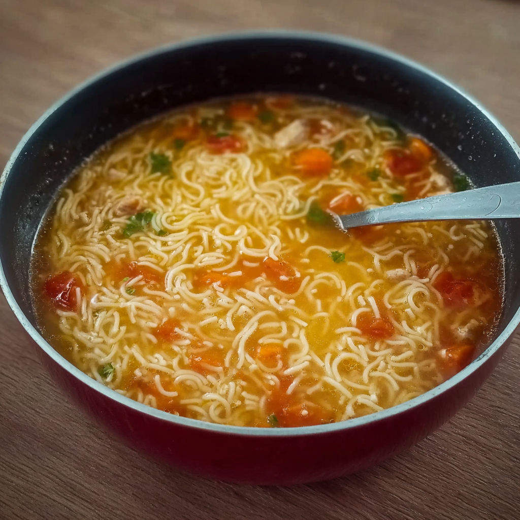 Une soupe aux vermicelles maison est servie dans un bol en métal.