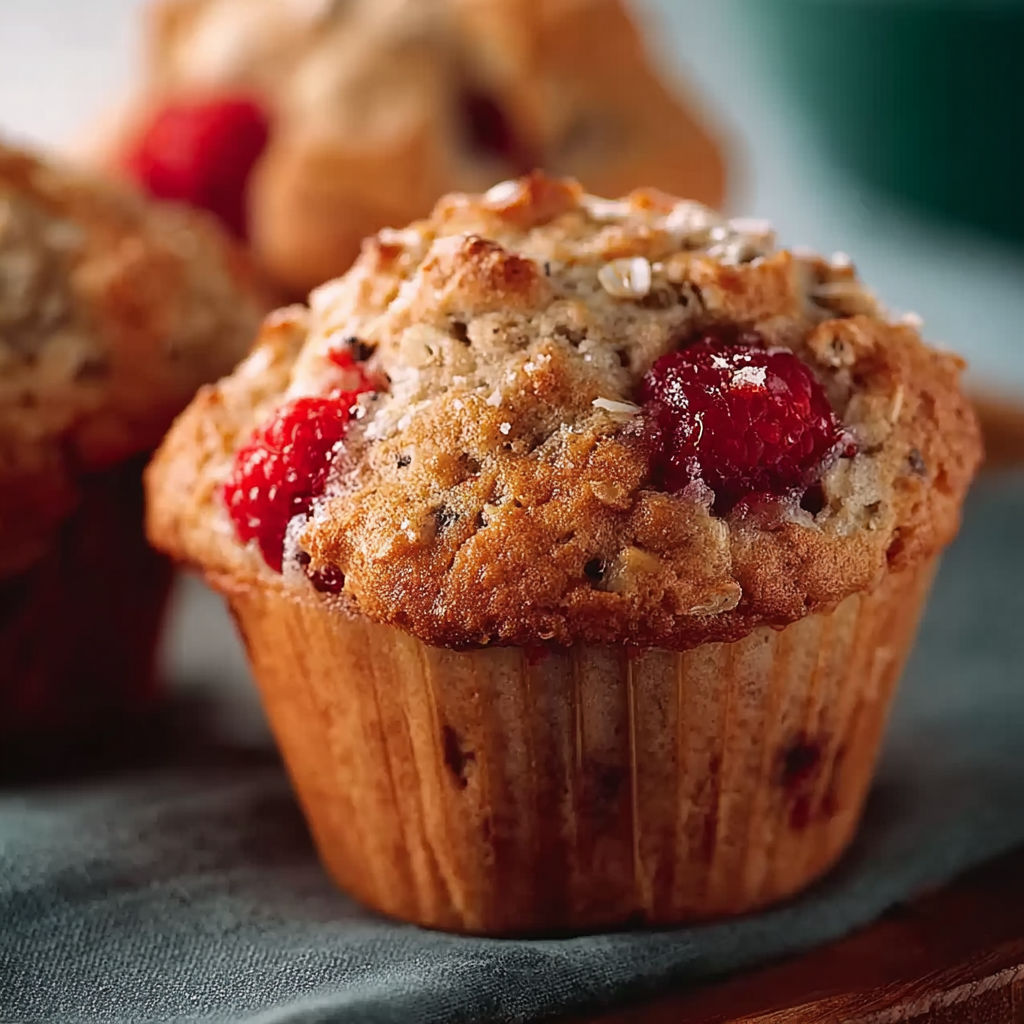 Muffins à l'avoine, aux framboises et à l'érable sur un plateau.