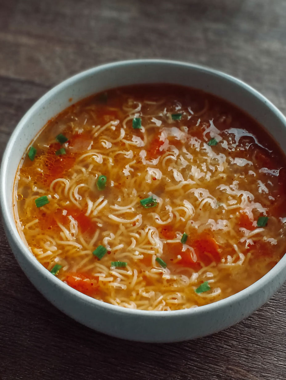 Une soupe aux vermicelles maison dans un bol blanc sur une table.