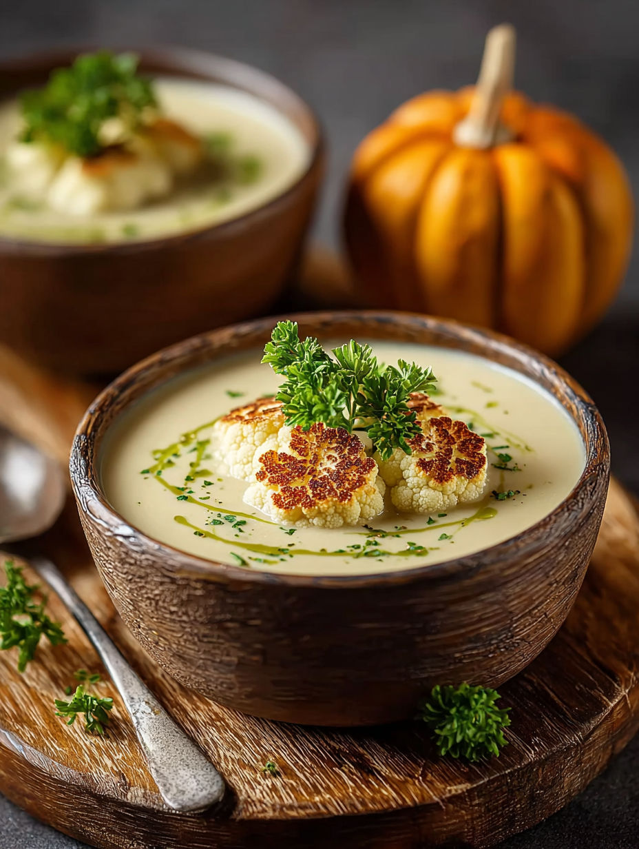 Une soupe de légumes chaude avec des légumes rôtis et des herbes fraîches.