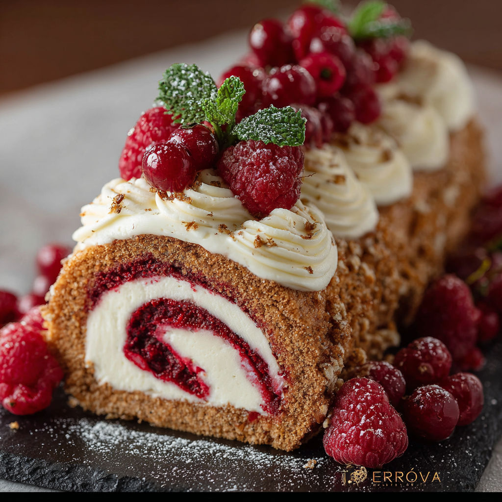 Une bûche de noël chocolat et raspberry, garnie de framboises et de mousse au chocolat.