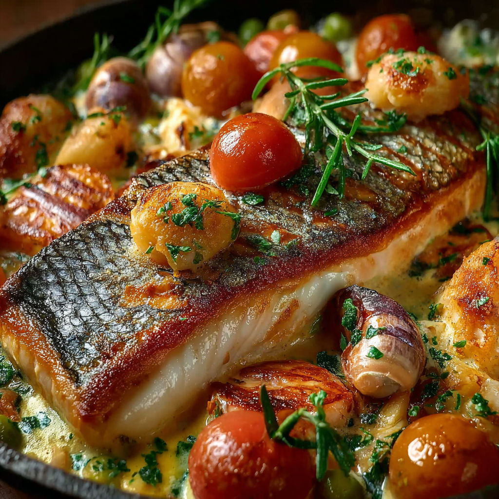 Une cassolette de poissons savoureuse et gourmande, faite maison avec des tomates, des oignons, des herbes et des légumes.