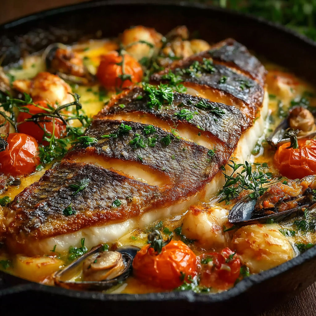 Une cassolette de poissons savoureuse et gourmande, faite maison avec des tomates, des moules et des herbes.