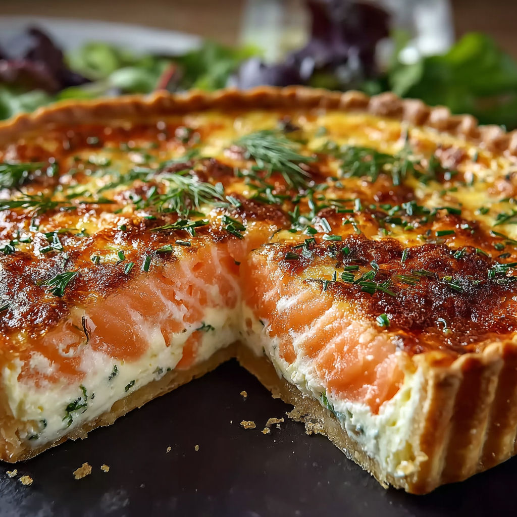 Une quiche au saumon fumé et boursin est servie sur une table avec des légumes.