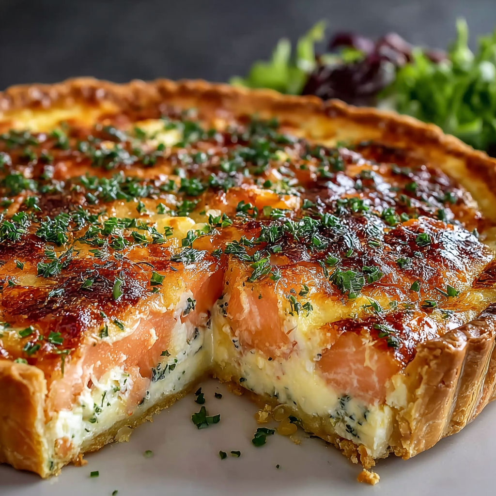 Une tarte au quark et à la sauce hollandaise, servie avec une salade verte.