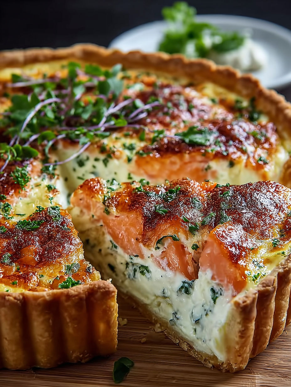 Une tarte aux pommes et fromage, avec des herbes vertes et des légumes verts.
