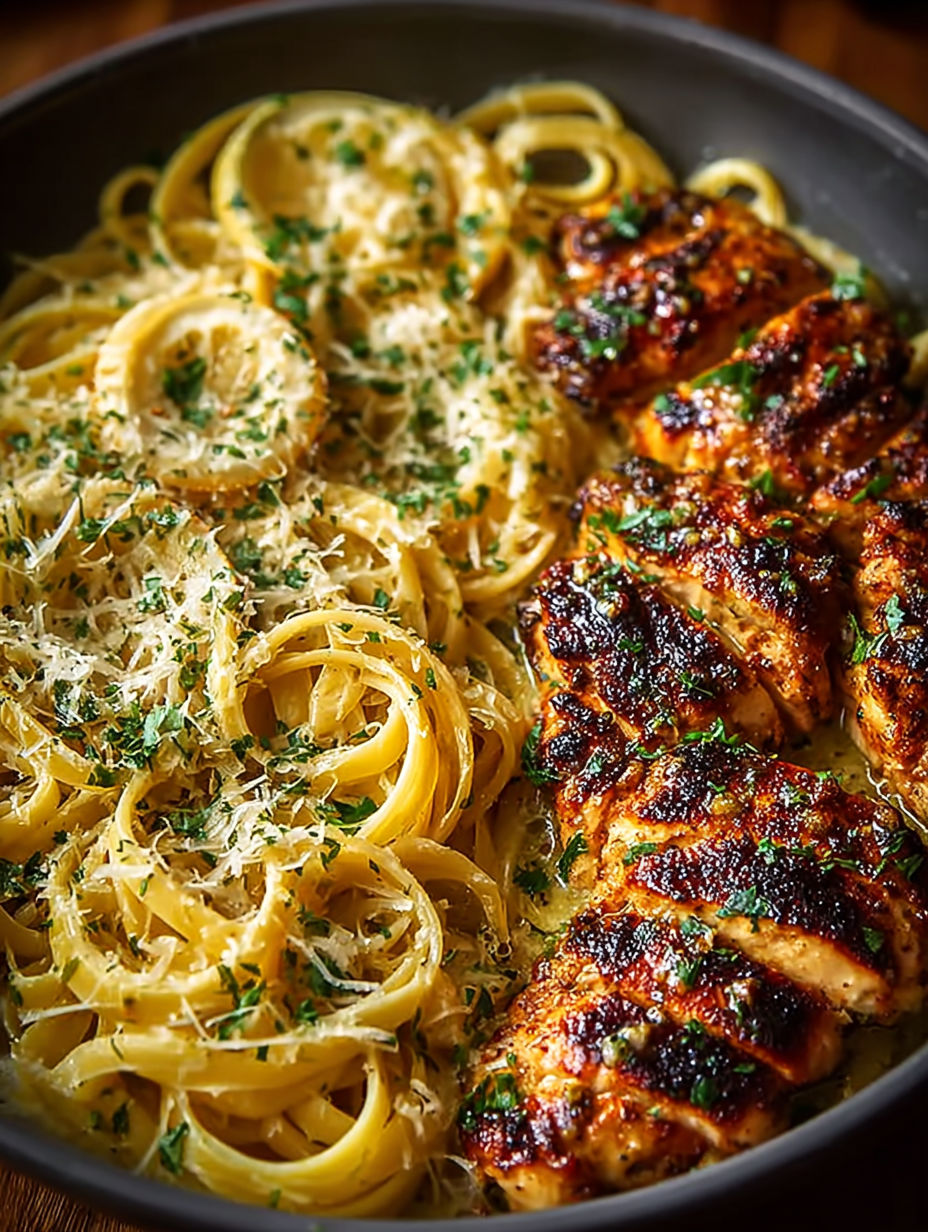 Une recette de spaghetti carbonara avec des chops de poulet grillés et des herbes fraîches.