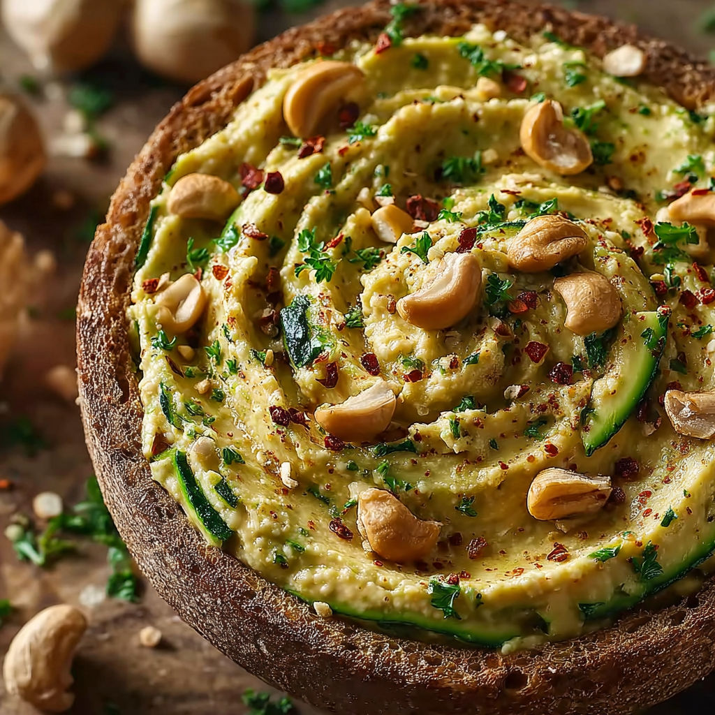 Une tartine de courgettes aux noix de cajou et aux épices, avec des noix et des épices sur le dessus.