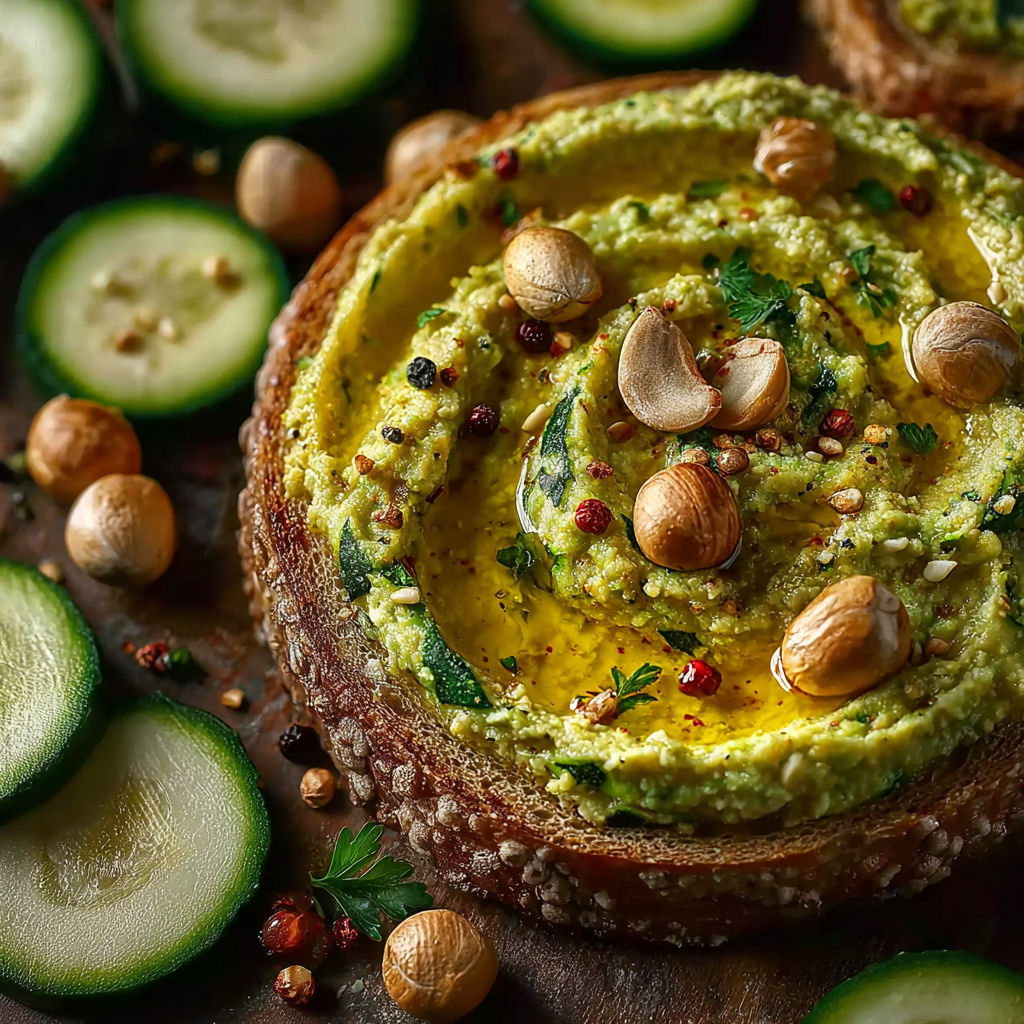 Une tartine de courgettes aux noix de cajou et épices, accompagnée de cucumbers.