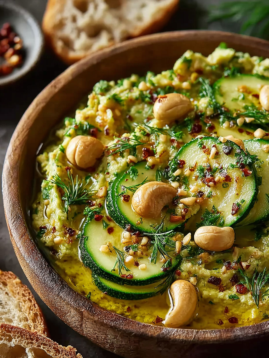 Une tartine de courgettes aux noix de cajou et épices, servie dans un bol.