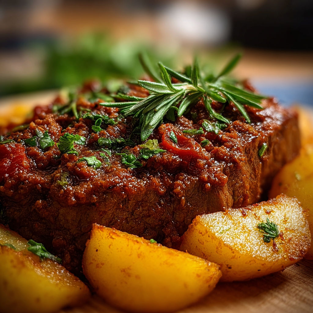 Une viande de boeuf grillée avec des pommes de terre et des herbes.