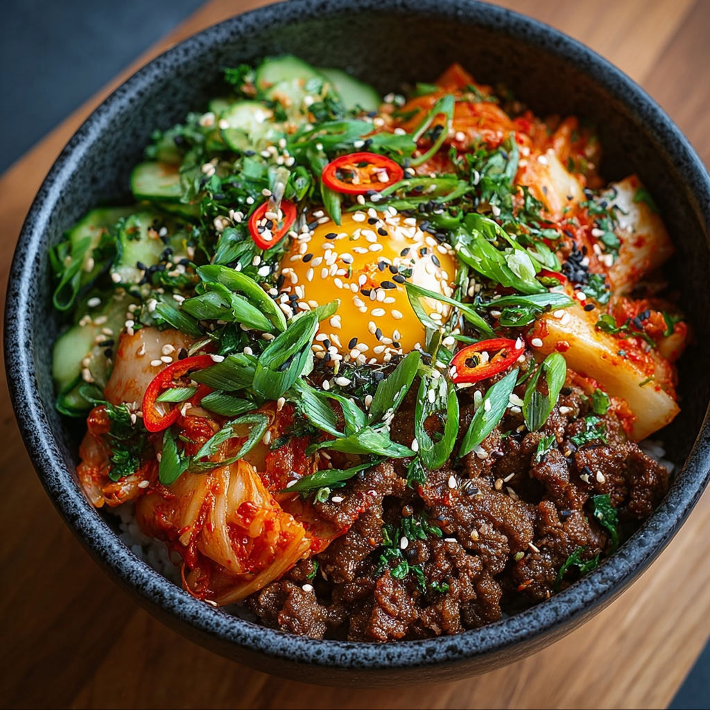 Un bol de bulgogi de bœuf haché avec sauce kimchi crémeuse.
