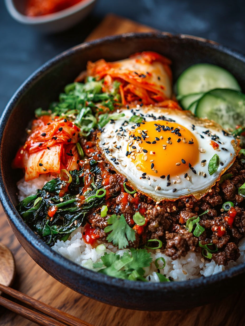 Un plat de riz et de légumes avec une omelette au centre.