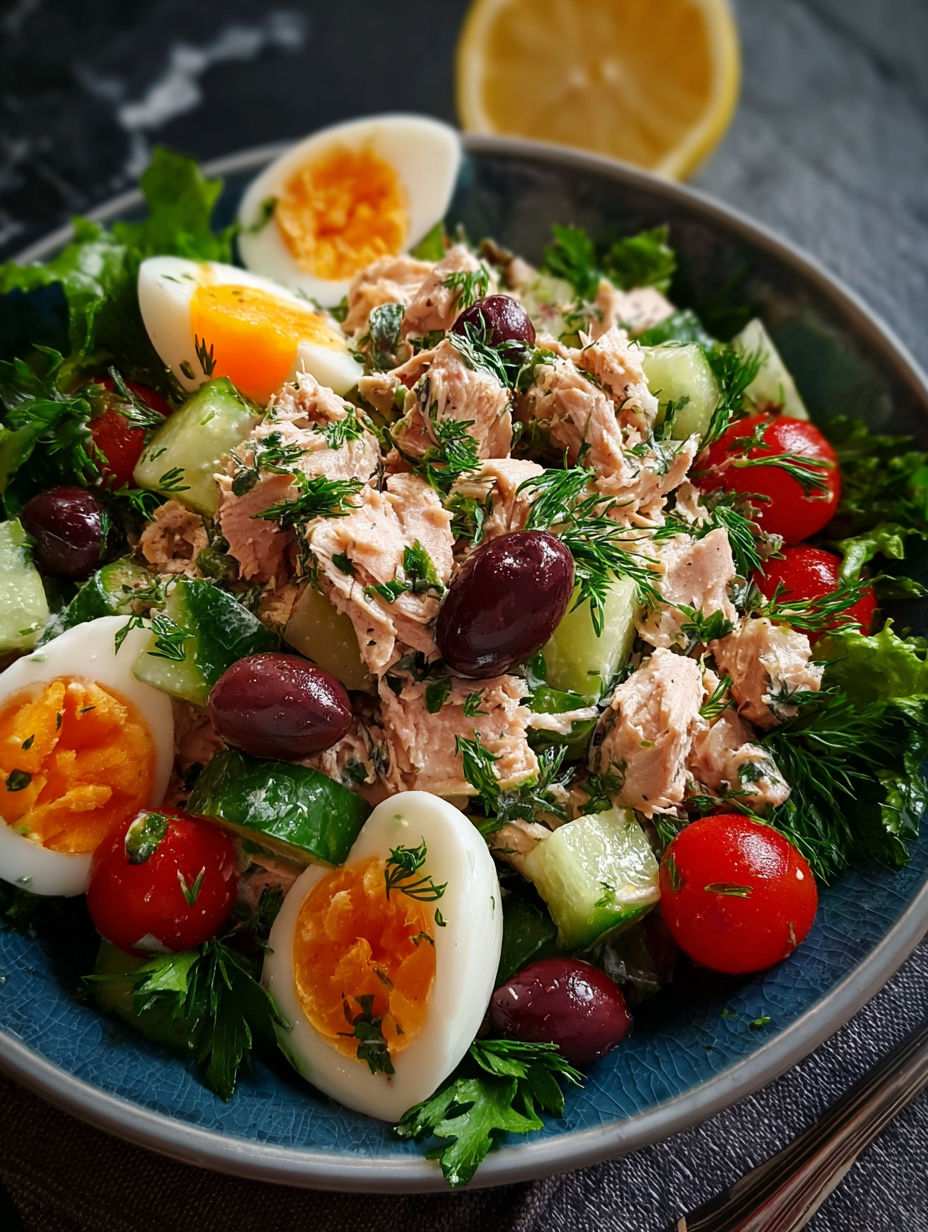 Une salade de poulet et oeufs d'oie avec des légumes frais.
