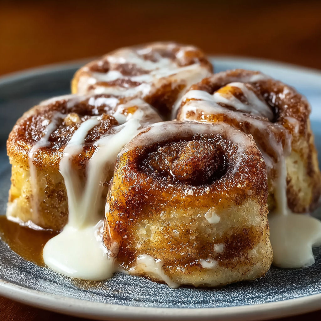 Des roulés façon cinnamon roll en pain perdu sur un plateau.