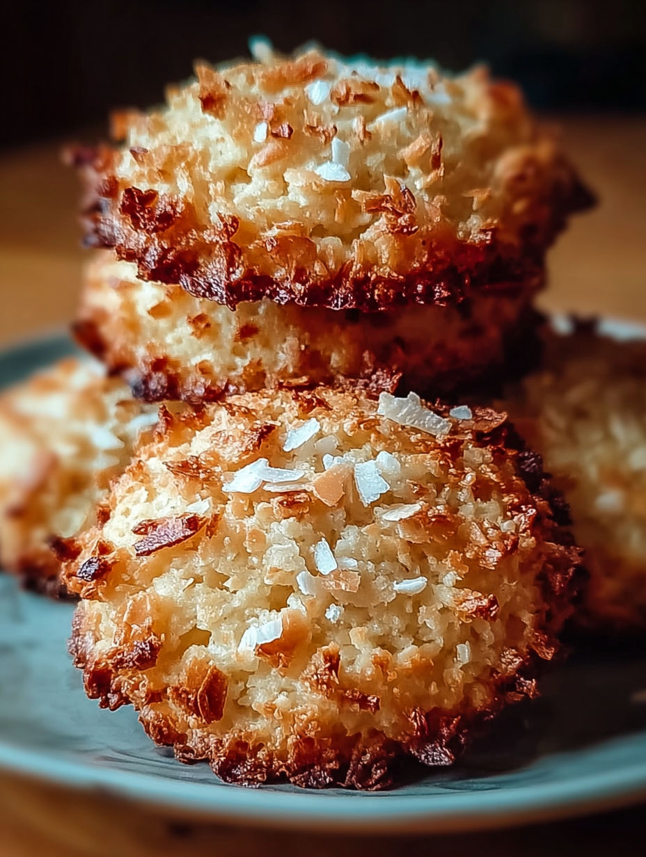 Une pile de biscuits de coco avec des grains de curry sur le dessus.