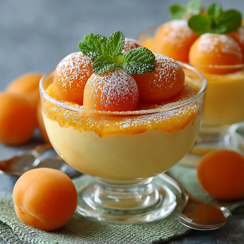 Une assiette de mousse d'abricots facile et légère est servie sur un plateau avec des abricots entiers et des herbes fraîches.