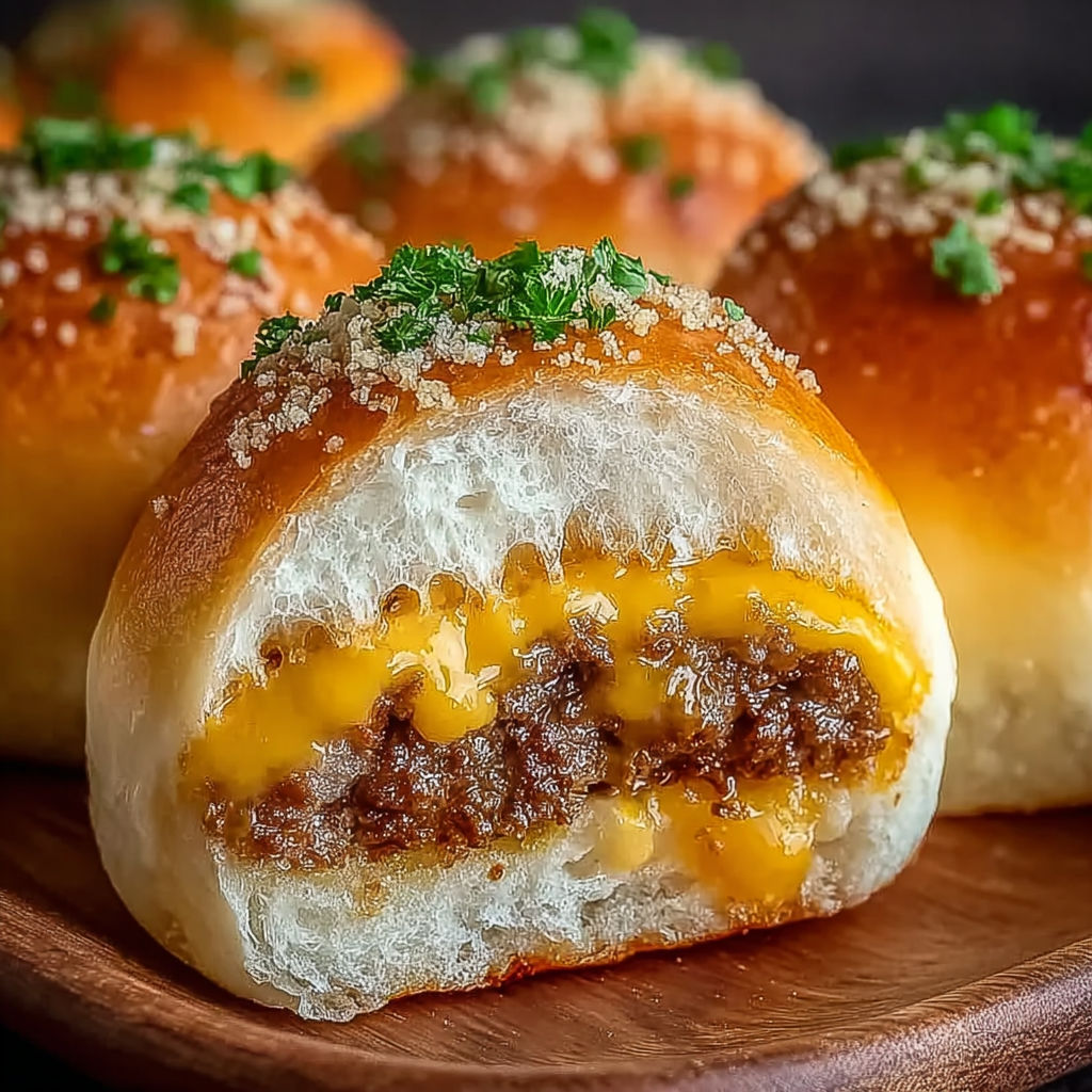 Des bombes au cheeseburger à l'ail et au Parmesan sur une planche de bois.