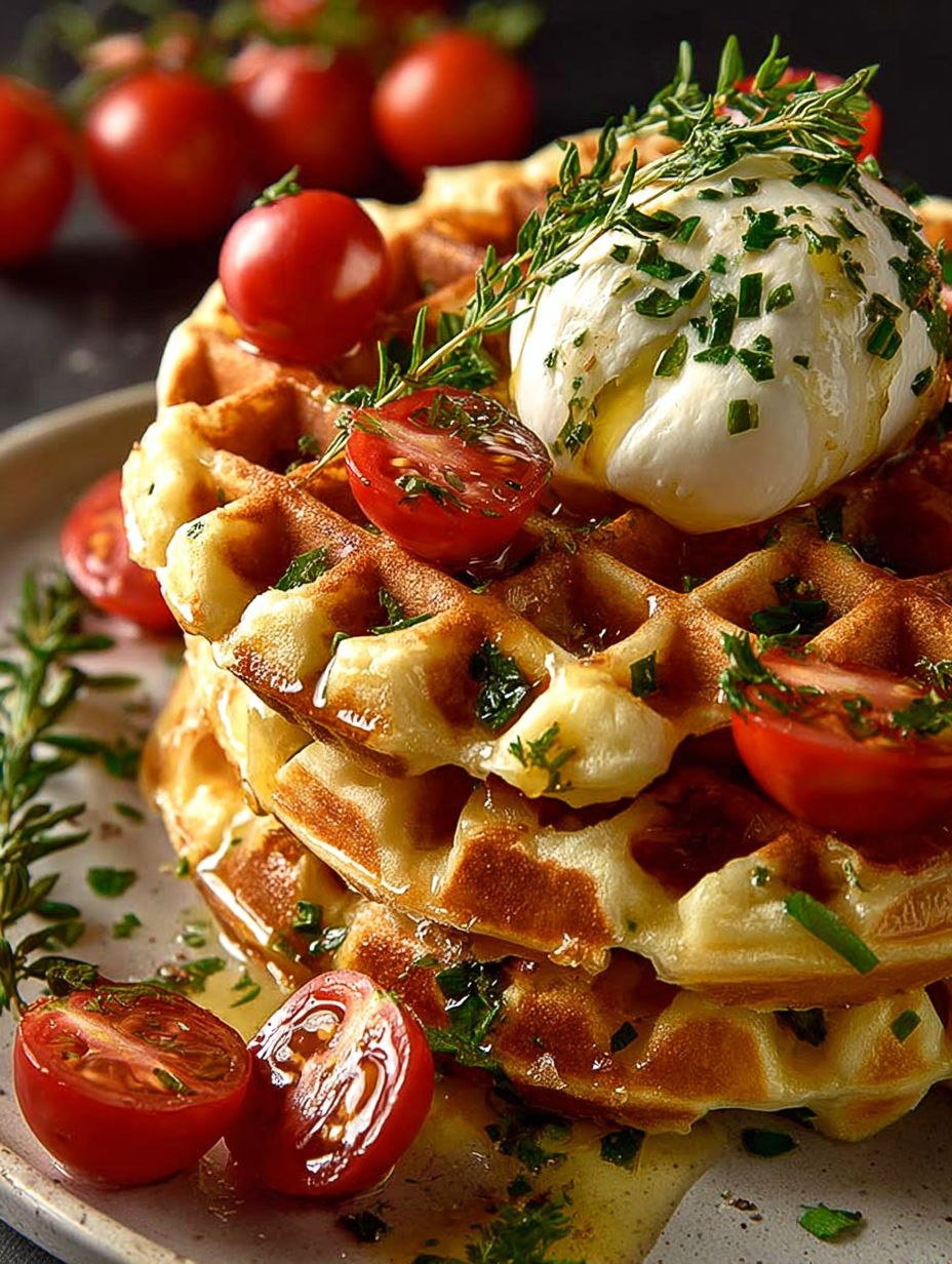 Une pile de waffles au lait et aux tomates, garnie d'herbes et de fromage.