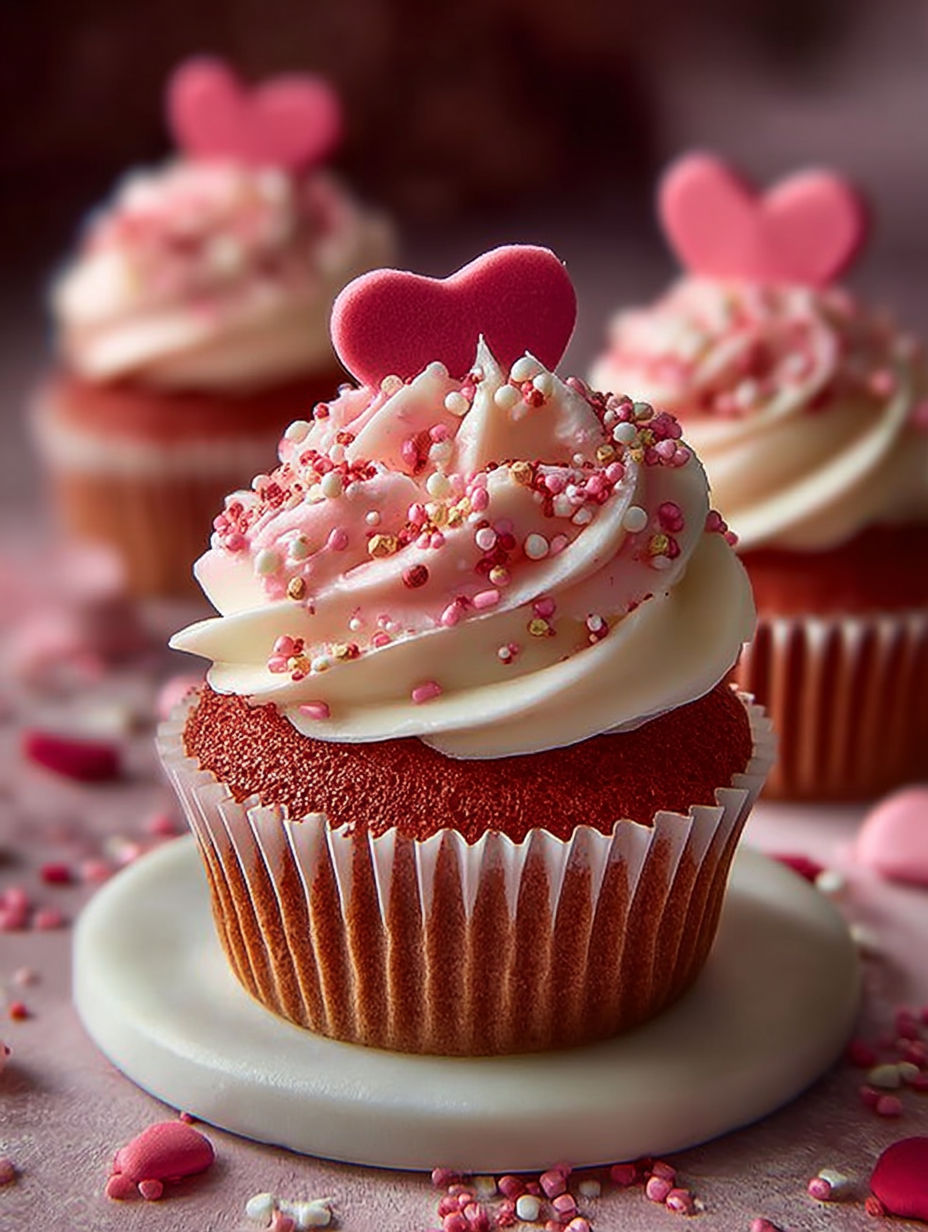 Un délicieux gâteau de crêpes rouges avec des cœurs de chocolat sur le dessus.
