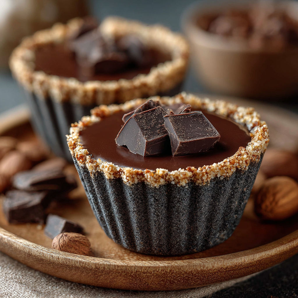 Des cuillères choco cacahuète croquants sur une plaque de bois.