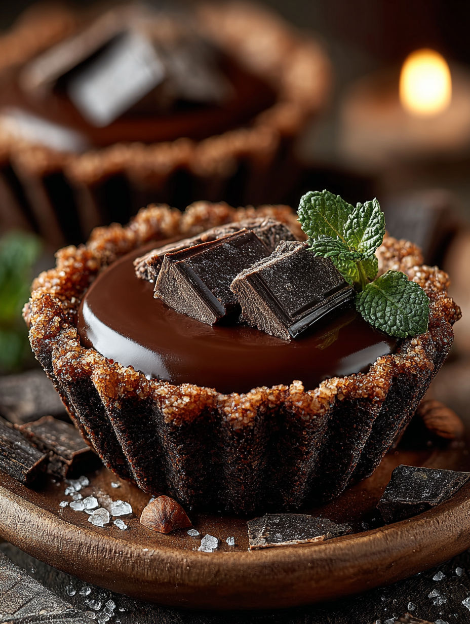 Une tart au chocolat et aux cacahuètes croquantes, garnie de menthe.