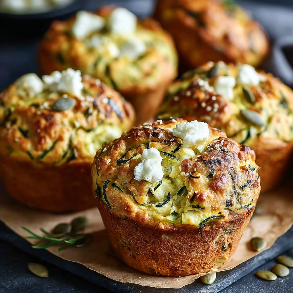 Une collection de muffins chèvre courgette sur une table.