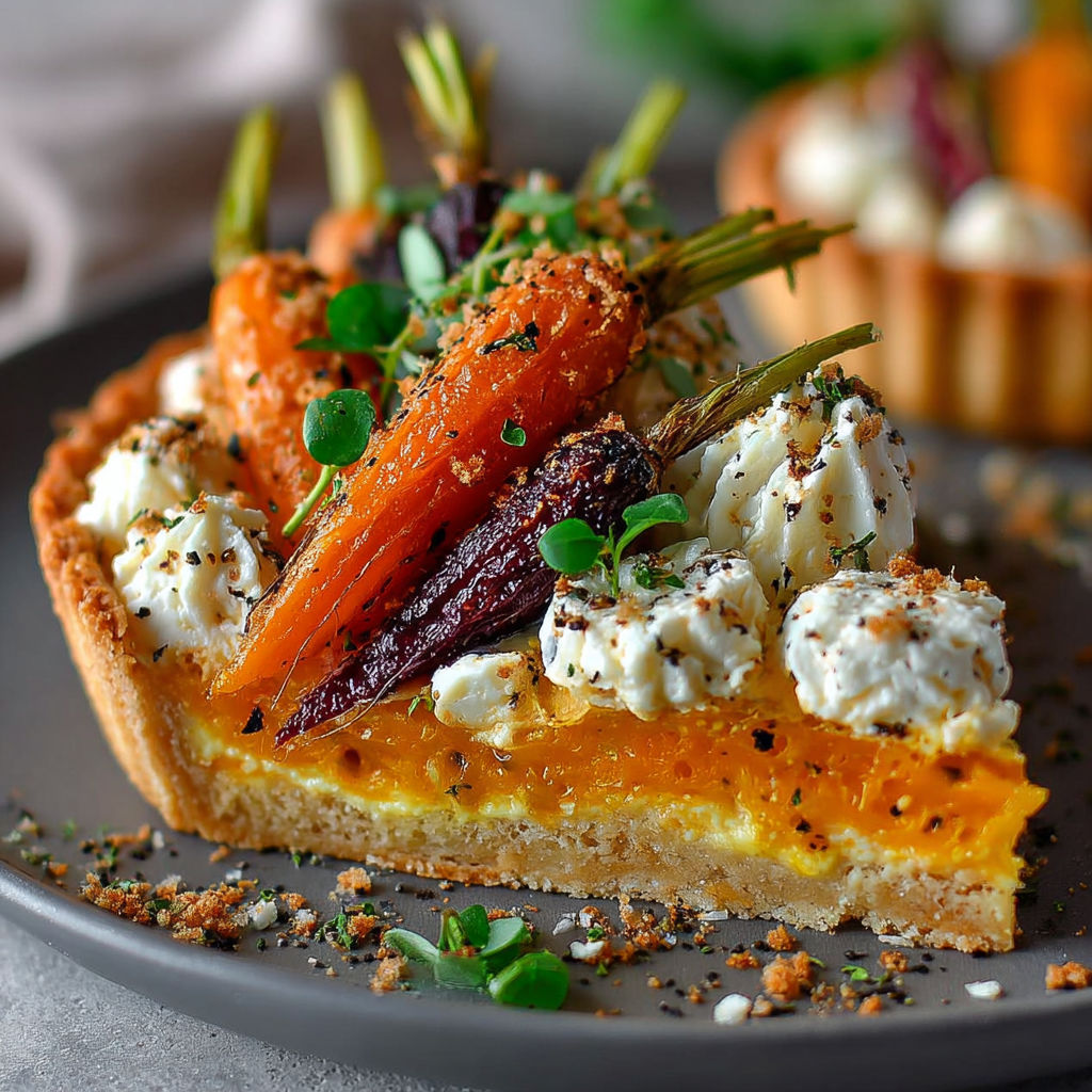 Une tarte aux carottes et fromage, avec des herbes et des épices, est servie sur un plateau.