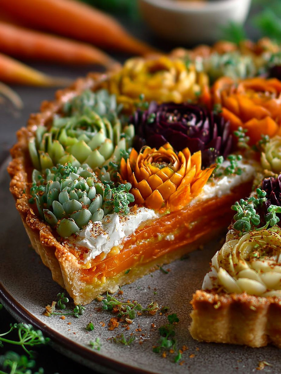 Une tarte aux fruits et légumes colorés, avec des carottes, des courgettes, des pommes et des épinards, est servie sur un plateau.