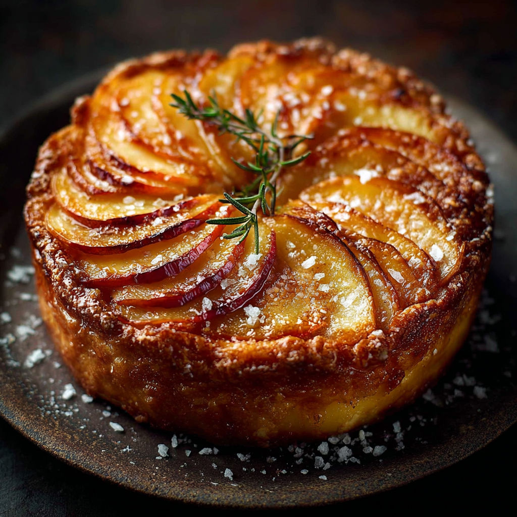 Une tarte aux pommes et aux épinards, garnie de fleurs de thym, est servie sur un plateau en grès.
