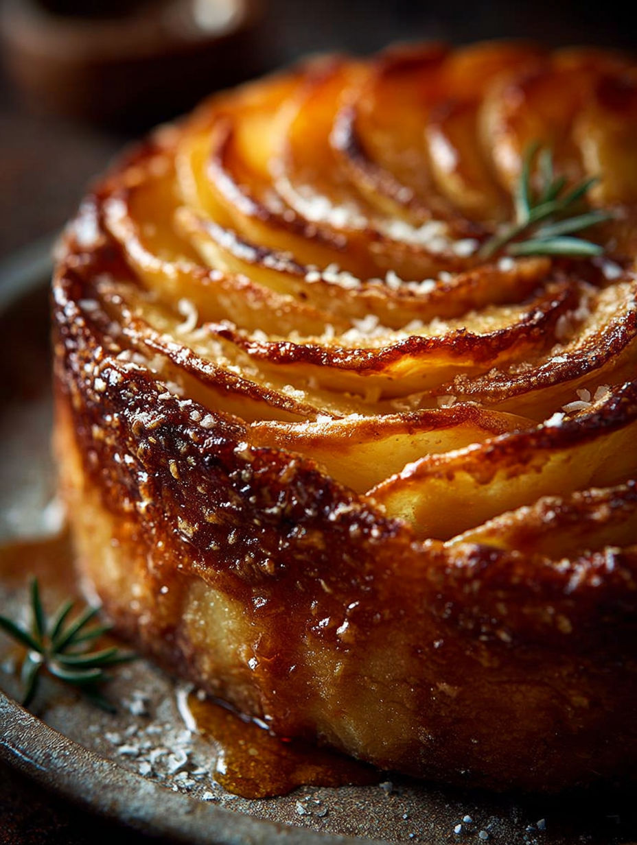 Une tarte aux pommes caramélisées, garnie de herbes fraîches, est servie sur un plateau.