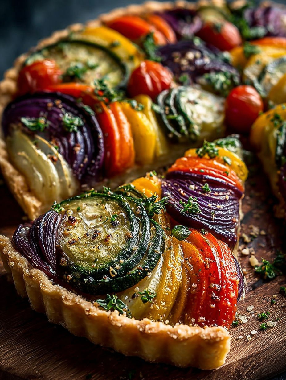 Une tarte aux légumes colorés, avec des légumes tels que des courgettes, des carottes et des tomates, est servie sur un plateau.