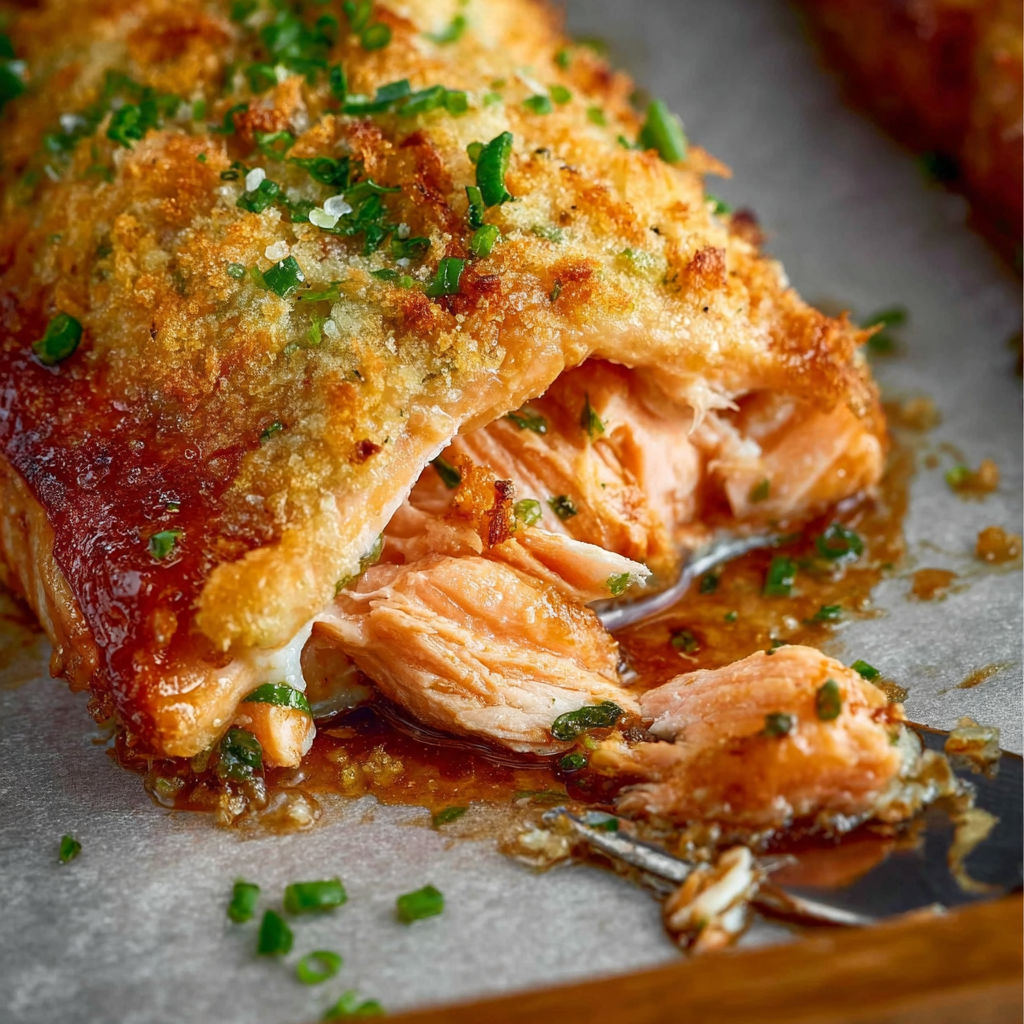 Une poignée de herbes vertes sur une tranche de poisson grillé.