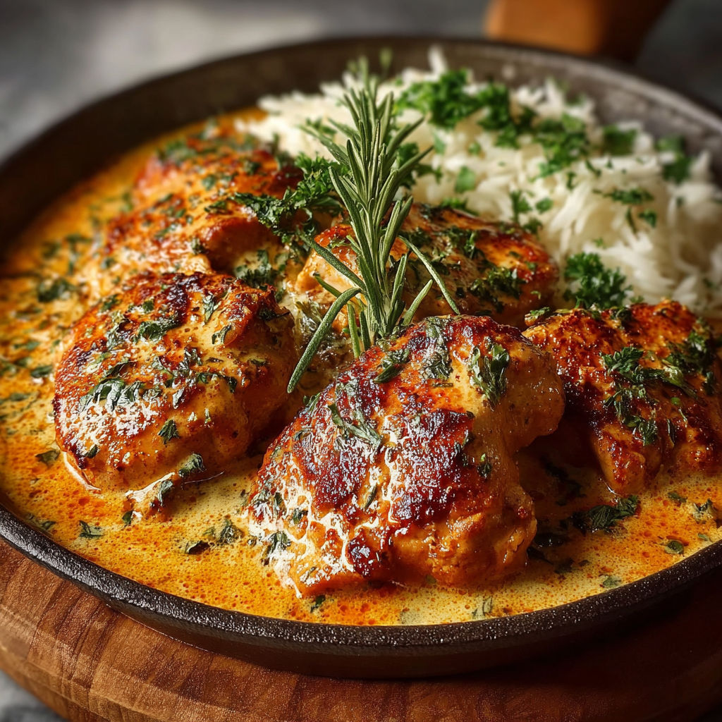 Une recette de poulet en sauce tomate et herbes, servie dans un bol en bronze.