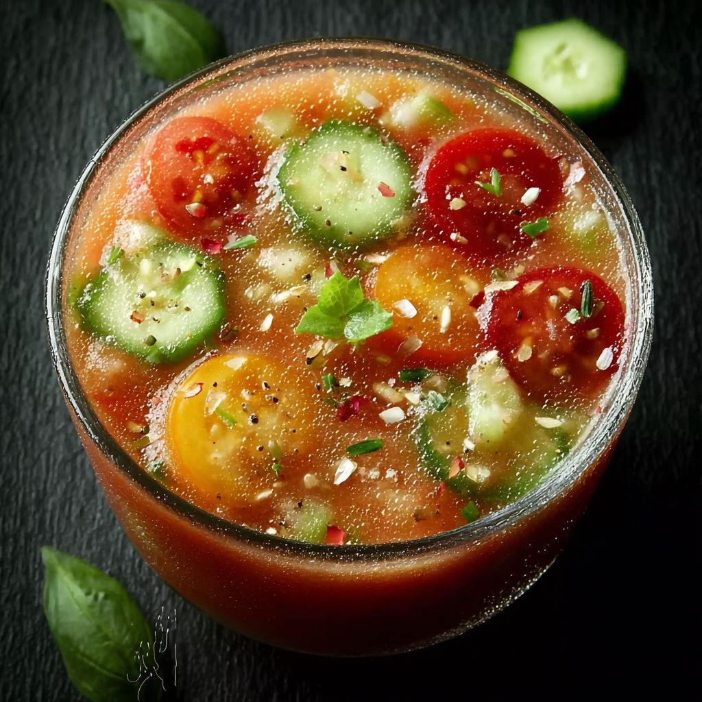 Un verre rempli de gaspacho de tomates et concombre.