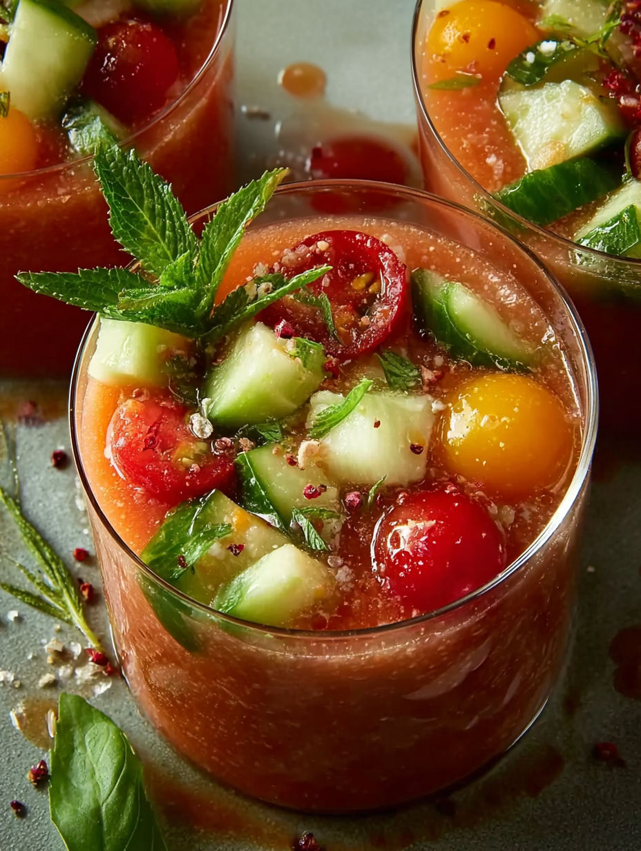 Un verre rempli de gaspacho de tomates et concombre.