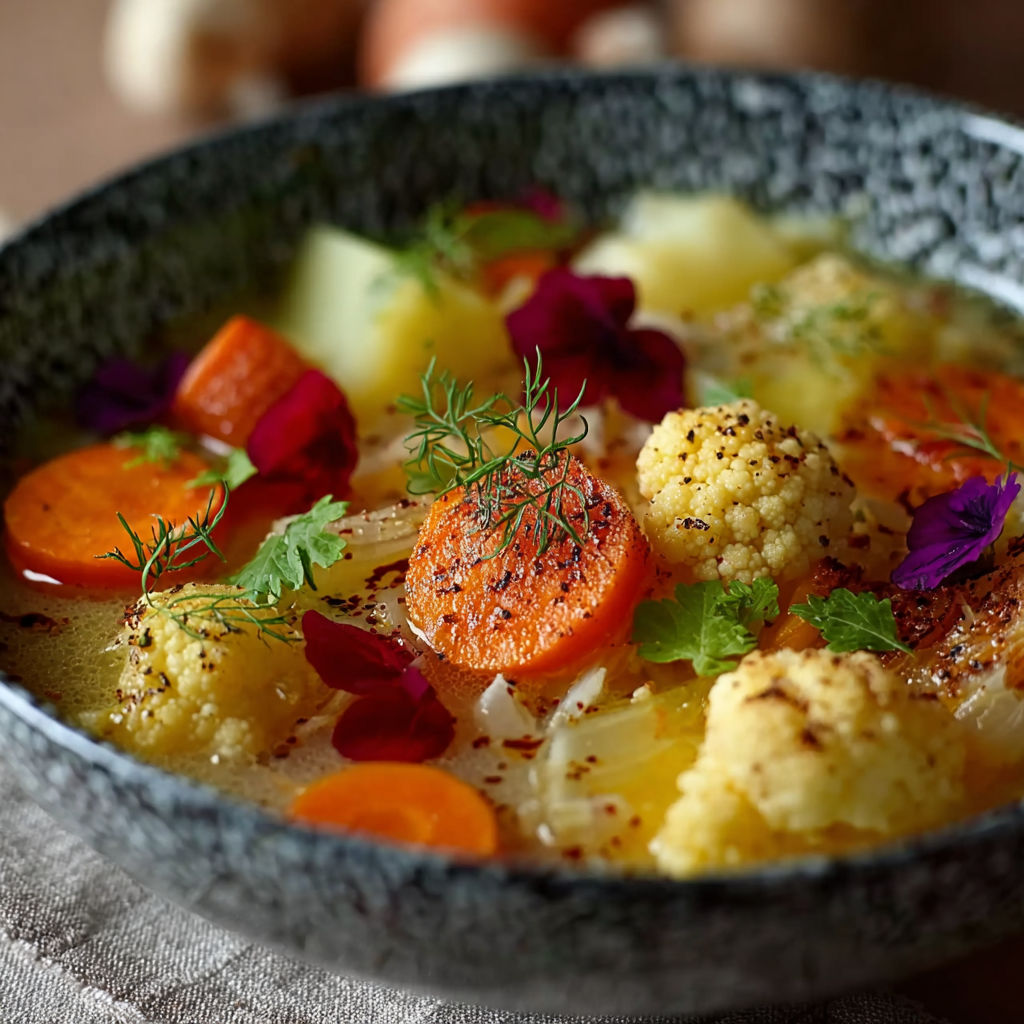 Une soupe de légumes et carottes, avec des légumes rôtis et des carottes, est servie dans un bol.