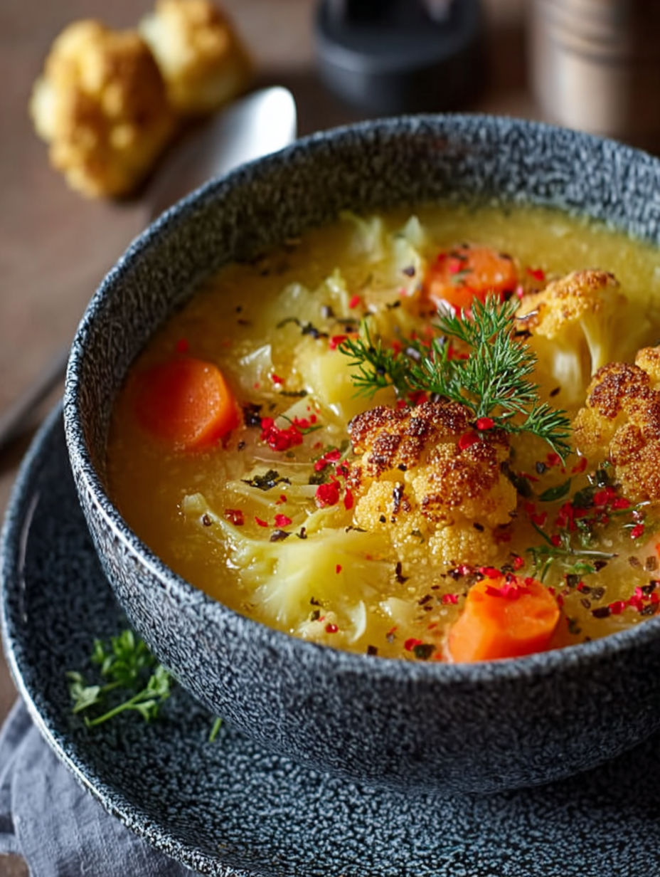 Une soupe chaude avec des légumes et des carottes, accompagnée d'une fourchette.