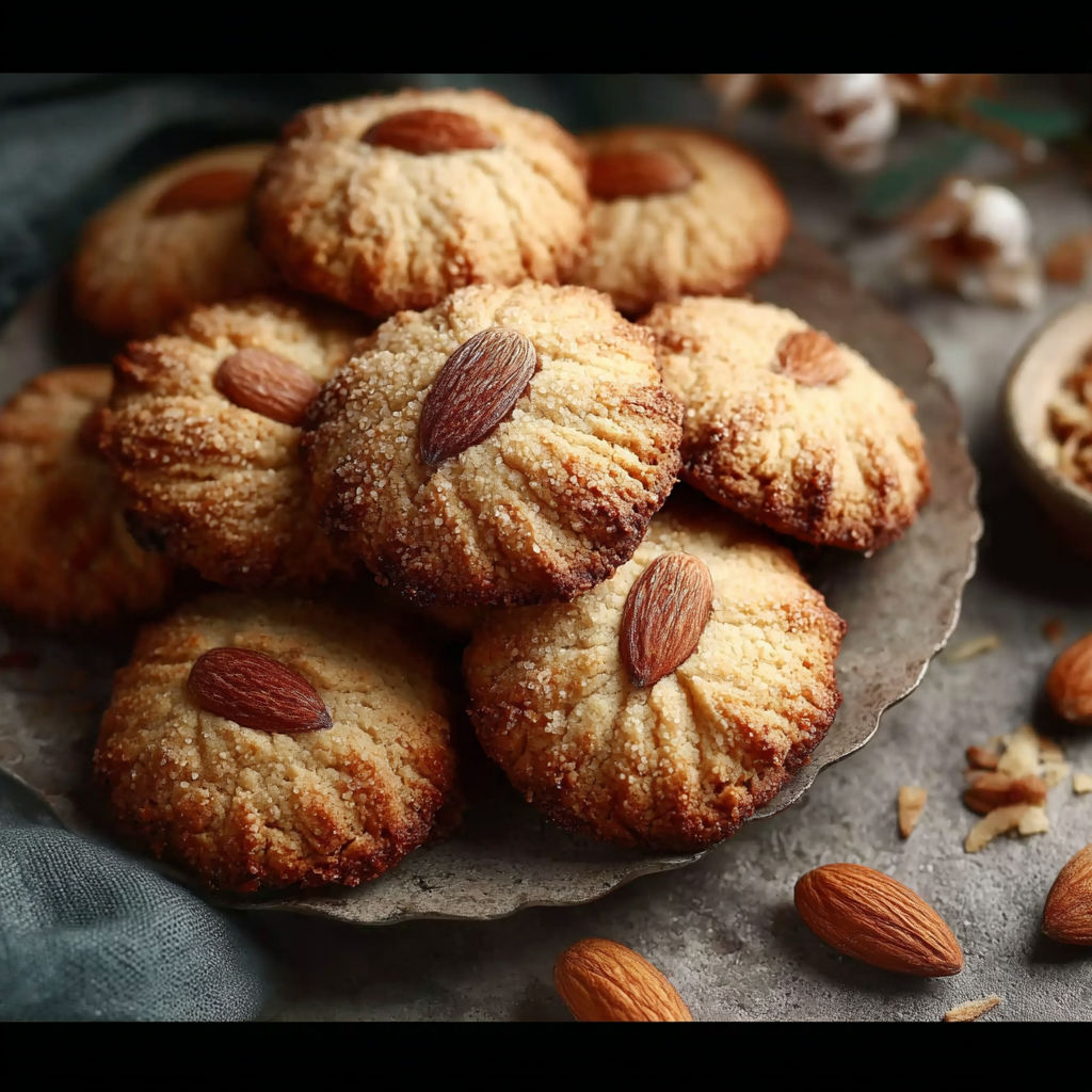 Une pile de biscuits à la noix de coco, avec des noix de coco et des graines de noix visibles sur le dessus.
