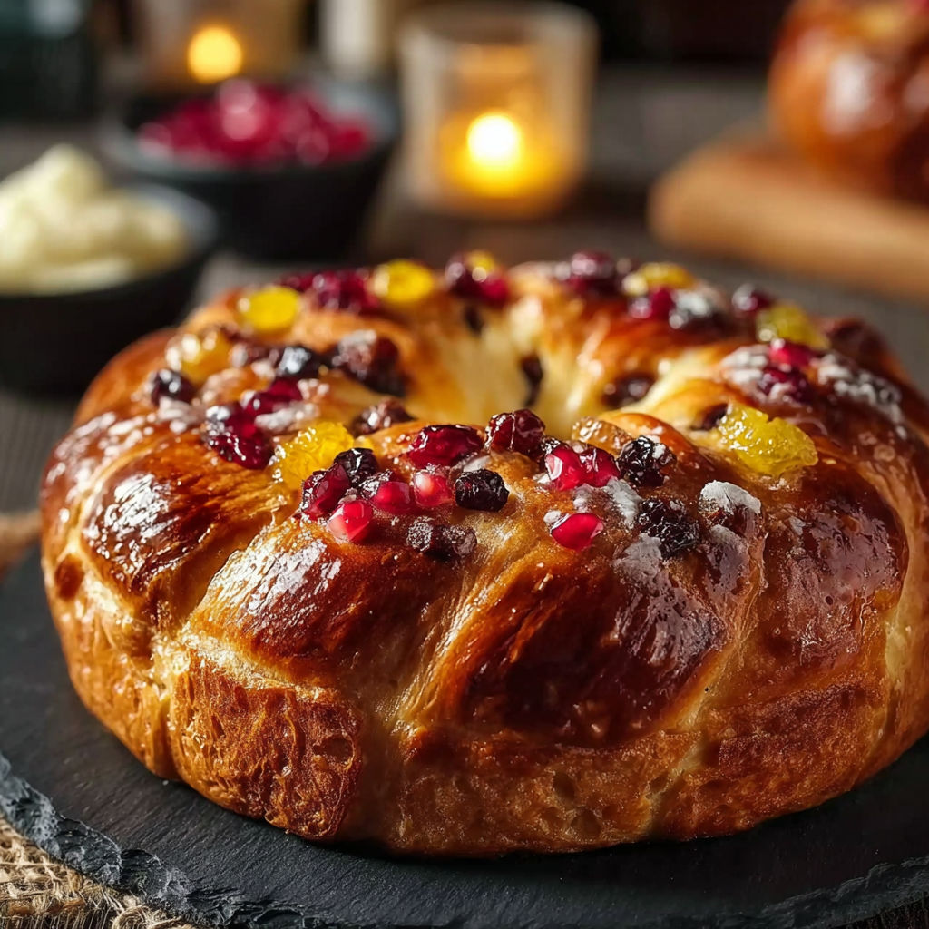 Une pâtisserie de pain d'épices avec des fruits rouges et des raisins.