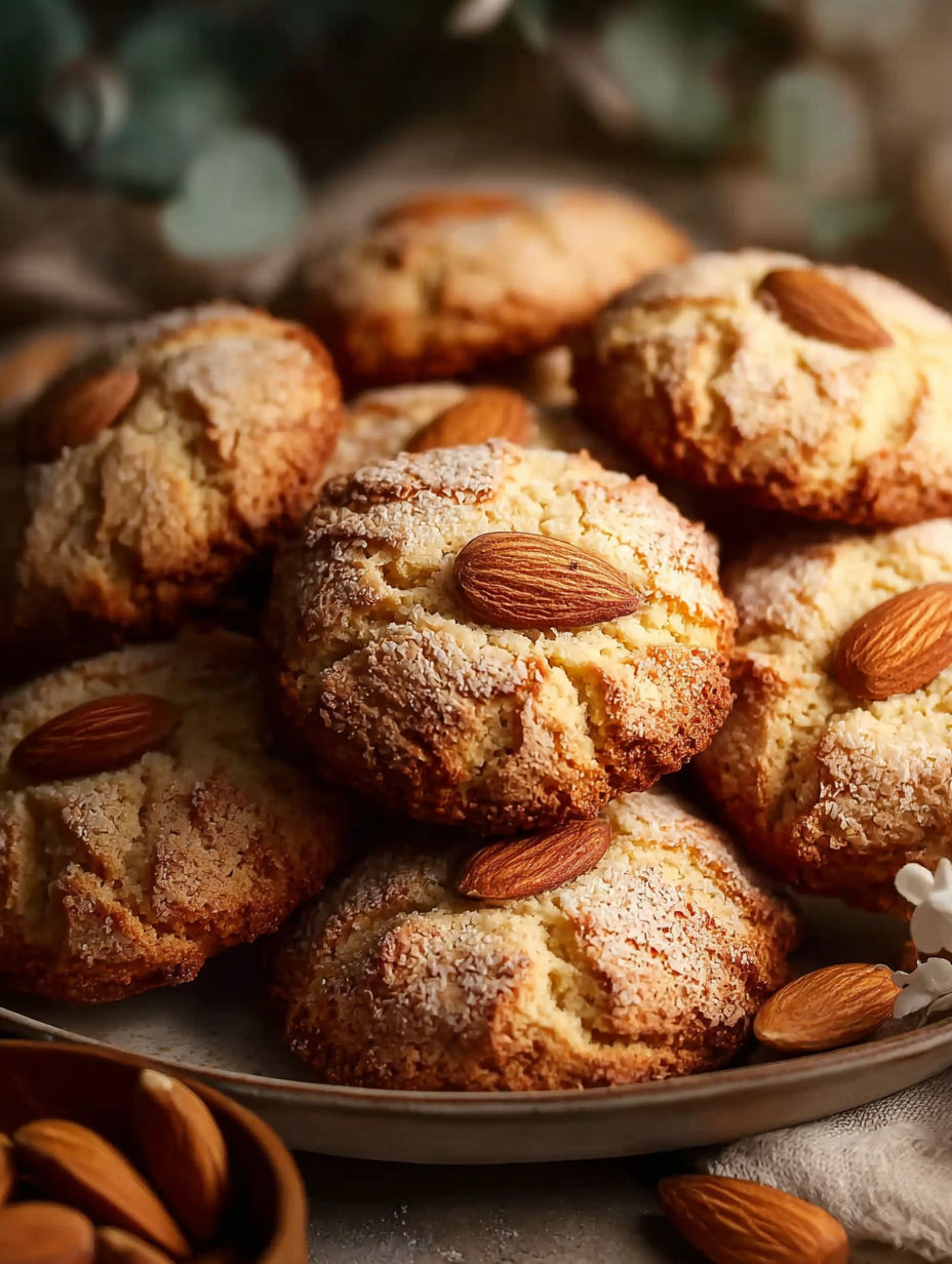Une pile de biscuits au beurre et aux amandes, avec des amandes entières sur le dessus.