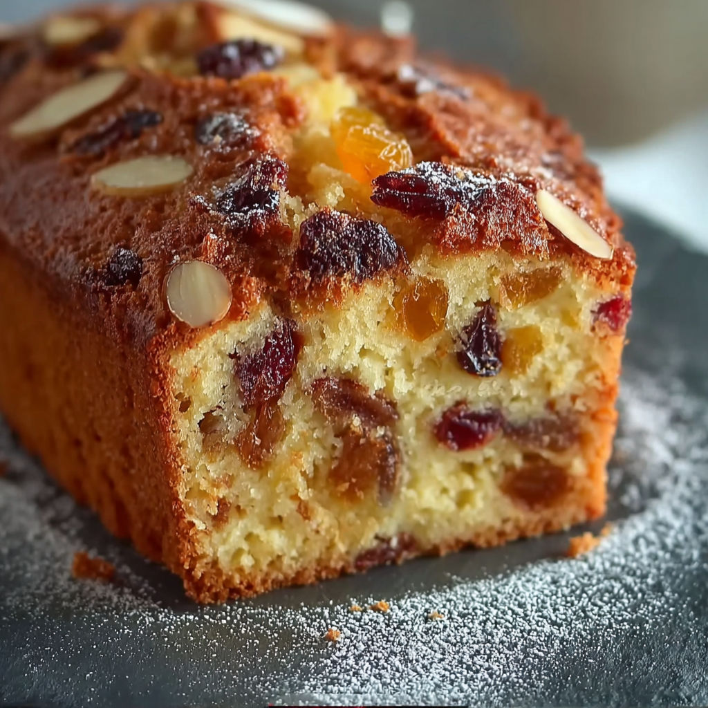 Une portion de gâteau aux fruits secs, vanille et amandes, sur une plaque de verre.