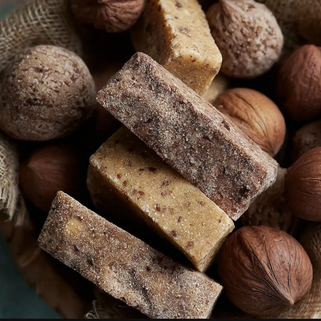 Une pile de barres de chocolat et des noix de cajou.
