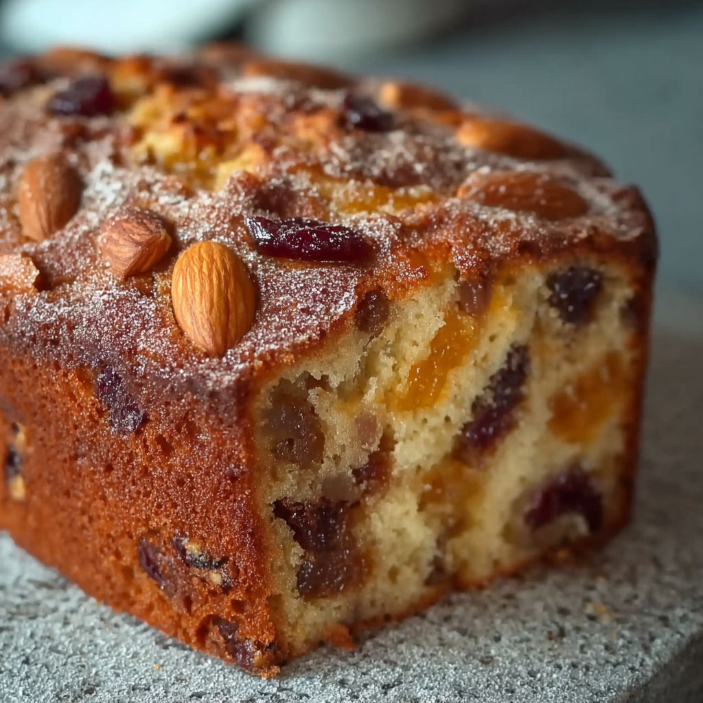 Une portion de gâteau aux fruits secs, vanille et amandes, sur une table de granit.