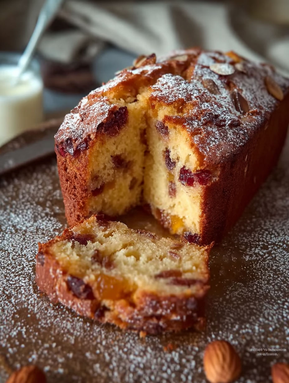 Une portion de gâteau aux fruits secs, vanille et amandes, avec une pâte moelleuse et parfumée.