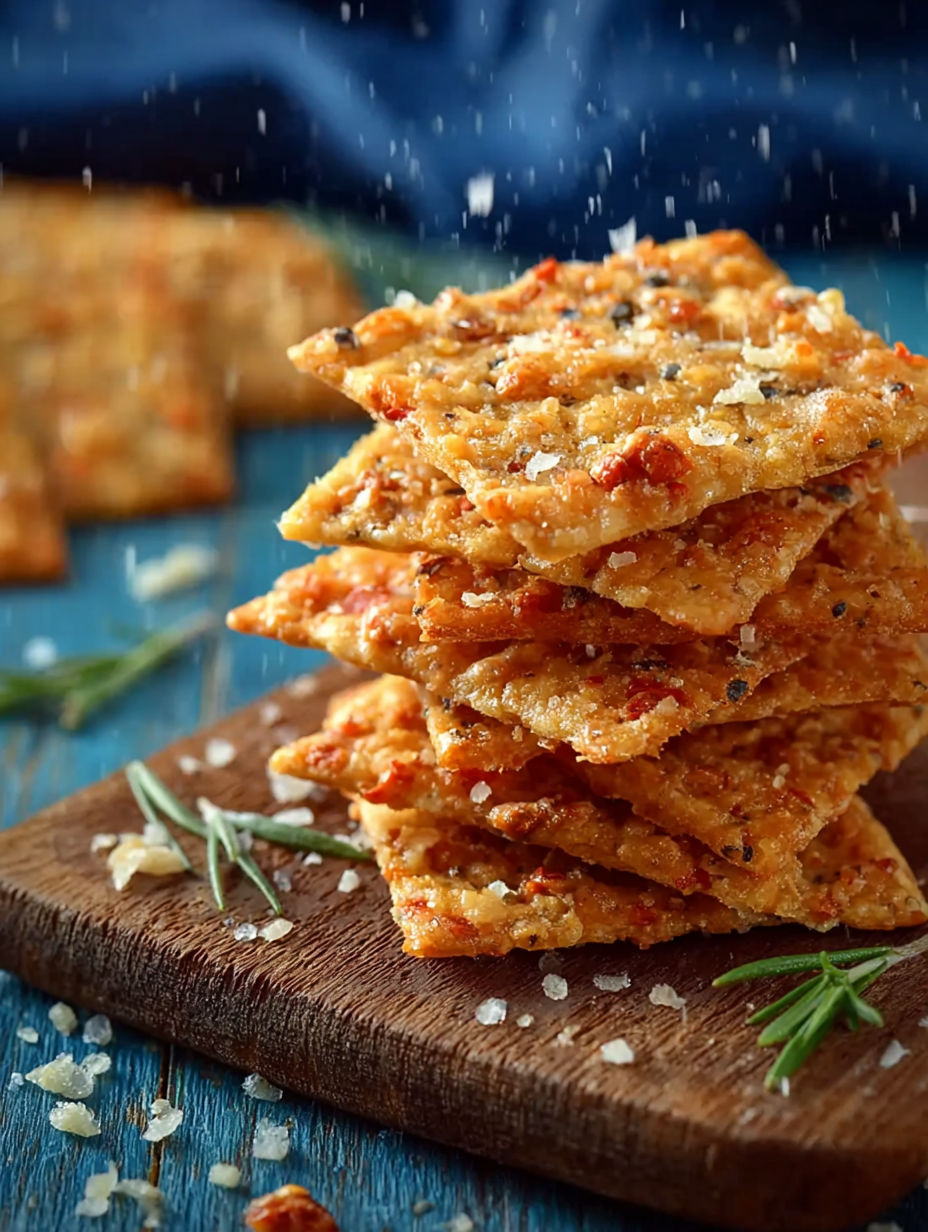 Une pile de Crackers de Noël à la Moutarde et au Comté, un apéritif croustillant pour les fêtes.