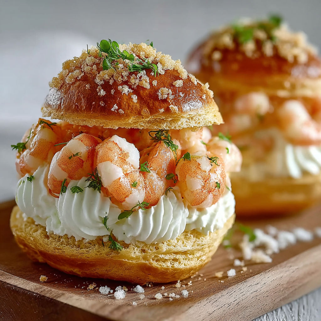 Une recette de Choux à la mousse de crevettes est servie sur un plateau de bois.
