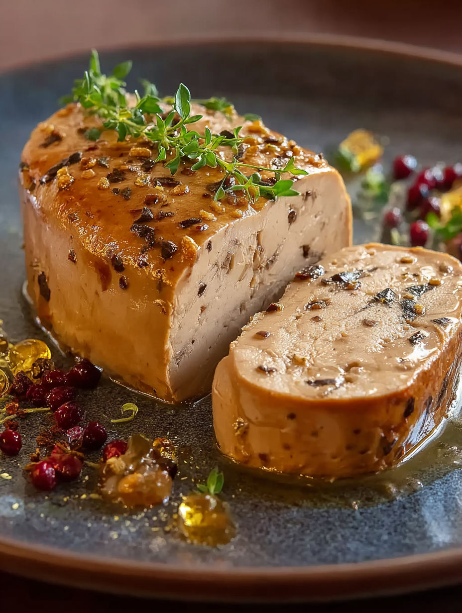 Une viande grillée avec des herbes et des graines, accompagnée de fruits rouges.
