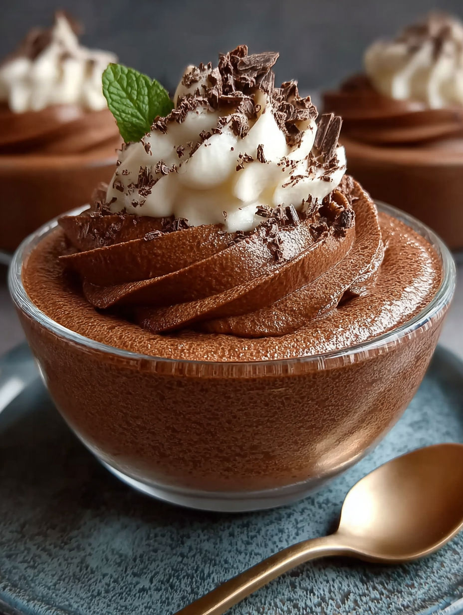Une tarte chocolat garnie de crème chantilly et de menthe, servie dans un bol ovale.