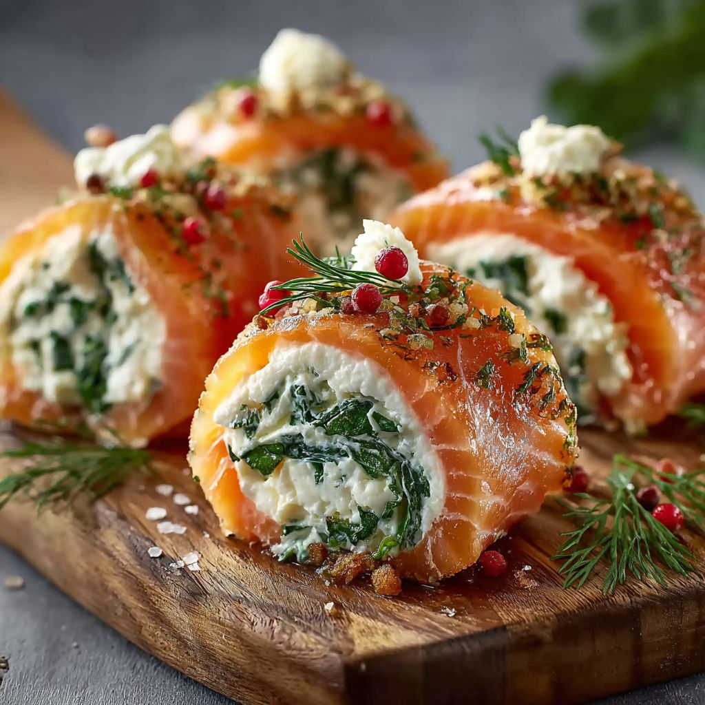 Un délicieux roll de saumon farci de fromage et herbes, accompagné de pignons et de cresson.